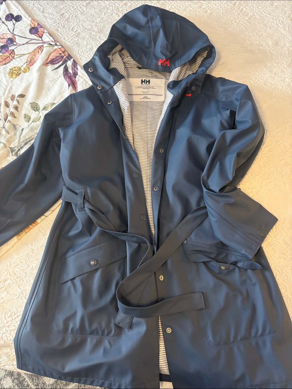 Helly Hansen Navy Hooded Belted Raincoat with Striped Lining